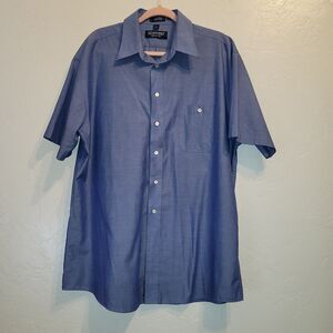 Stafford Mens Button Down Short Sleeve Shirt Sz 16 1/2 Blue Casual Relaxed Fit